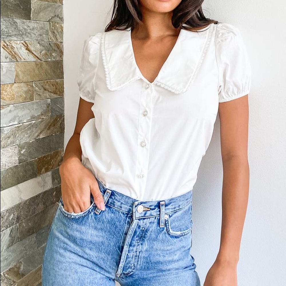 Let's Elevate White Puff Sleeve Button-Up Top NWT